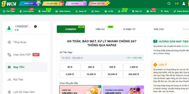 Hướng dẫn nạp tiền chính xác vào tài khoản 9win